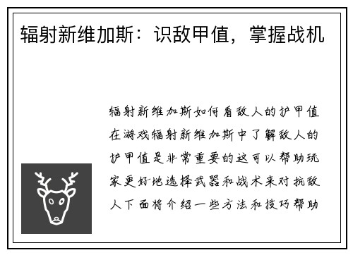 辐射新维加斯：识敌甲值，掌握战机