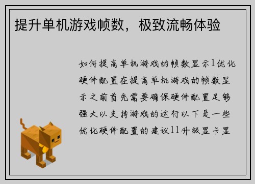 提升单机游戏帧数，极致流畅体验